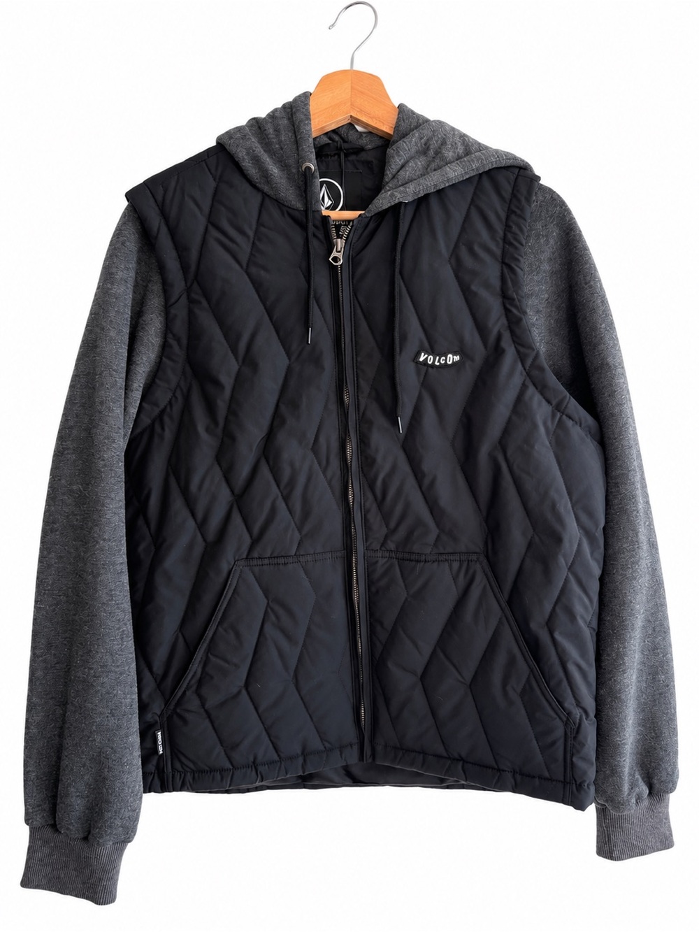 NWT Volcom Quilted Hybrid Hooded September Jacket Black Gray Size Small